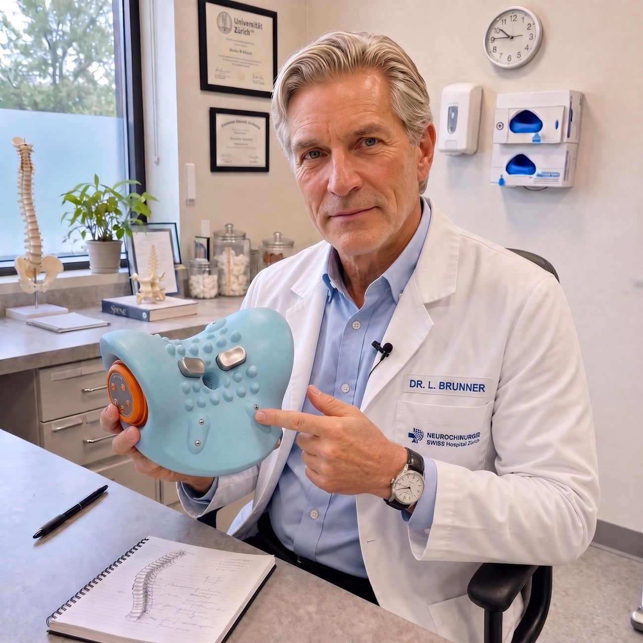 Dr. Lukas Brunner zeigt das Cervly Nackenmassagegerät