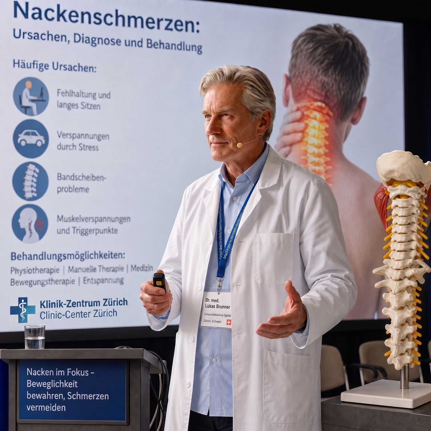 Dr. Lukas Brunner bei einem Vortrag über zervikale Dekompression