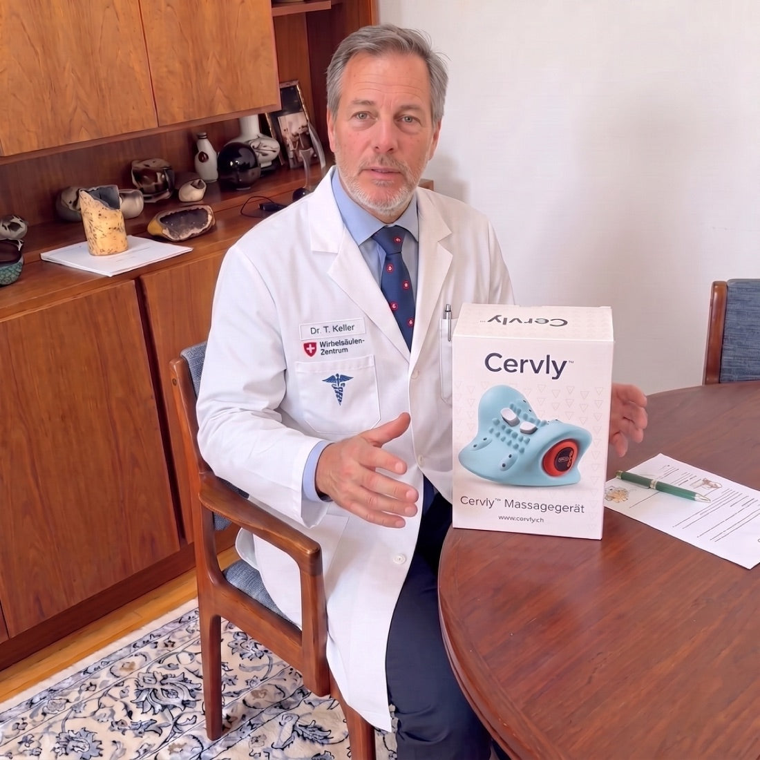 Dr. Thomas Keller mit dem Cervly Nacken-Dekompression-System